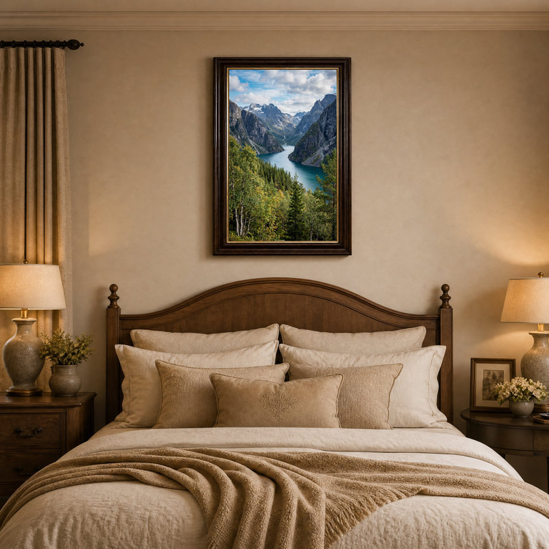 «Snowy Mountain Peaks Above Teal River Valley», art mural, H 18 po x l 12 po