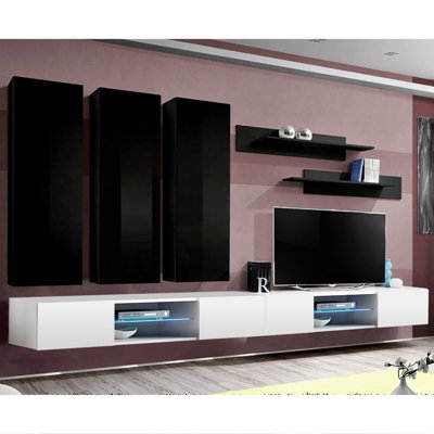 126" Modern Floating Wall Mounted Entertainment Center with 16-Color LED Lighting, High Gloss Finish