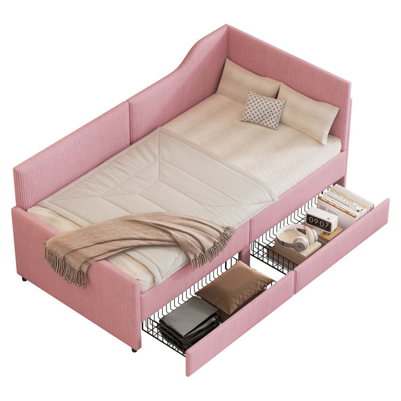 Griego Modern Corduroy Upholstered Daybed with Storage Drawers & Wooden Framw, Pink