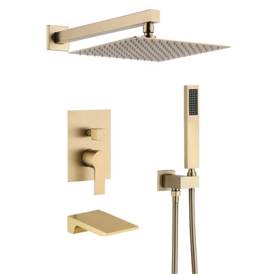 12" Shower With Handheld, Wall Mounted, Ceramic Disc, Balanced, Noise-Minimizing, Brushed Gold Heat Insulation,