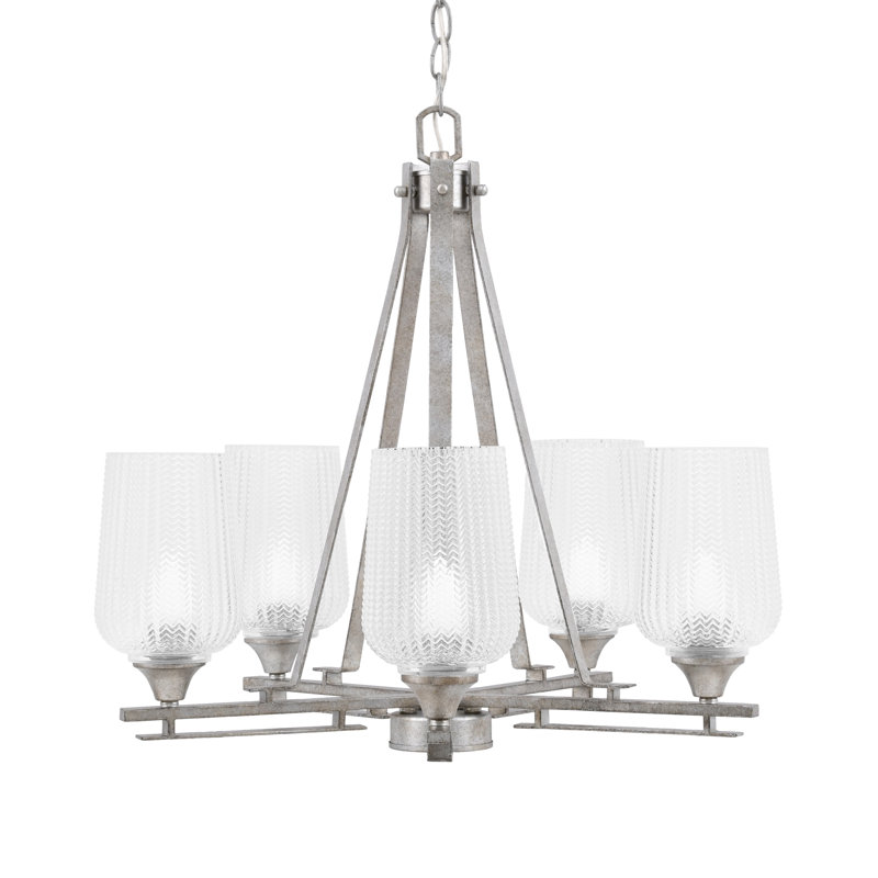 Uptowne 5 Light Uplight Chandelier Shown In Aged Silver Finish With 5" Clear Textured Glass