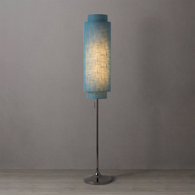 Modern Floor Lamp with Double Linen Shade, Black Nickel Finish, Pull Chain On/Off Switch, Tubular Minimalist Floor Lamp for Living Room & Bedroom