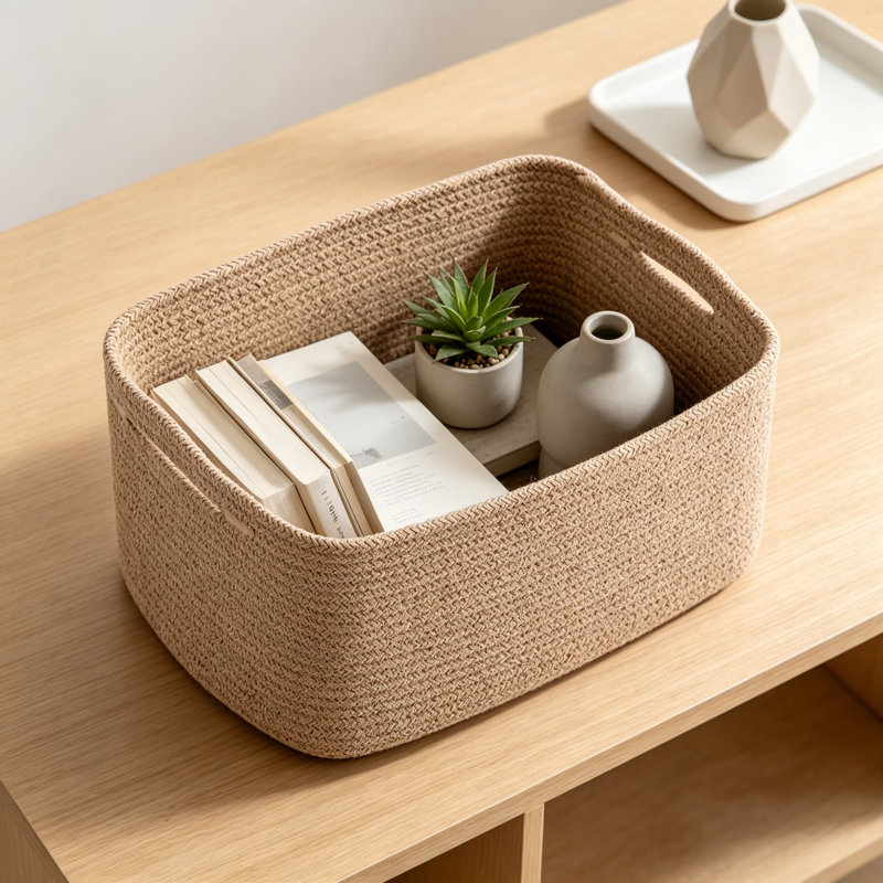 Woven Cotton Rope Storage Basket, Foldable Organizer Bin For Home, Nursery, And Office, Multi-Purpose Decorative Storage Solution With Handles