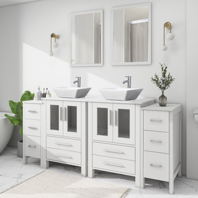 72’’ Double Bathroom Vanity Set with Ceramic Vessel Sink Top, Faucets