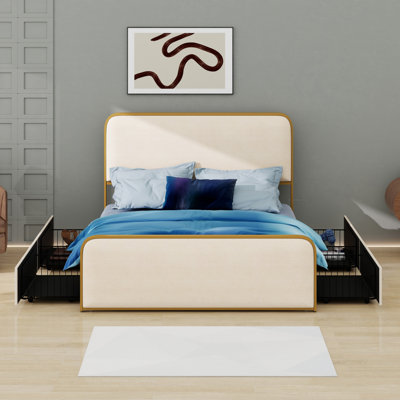 Modern Metal Bed Frame With Curved Upholstered Headboard And Footboard Bed With 4 Storage Drawers, Heavy Duty Metal Slats