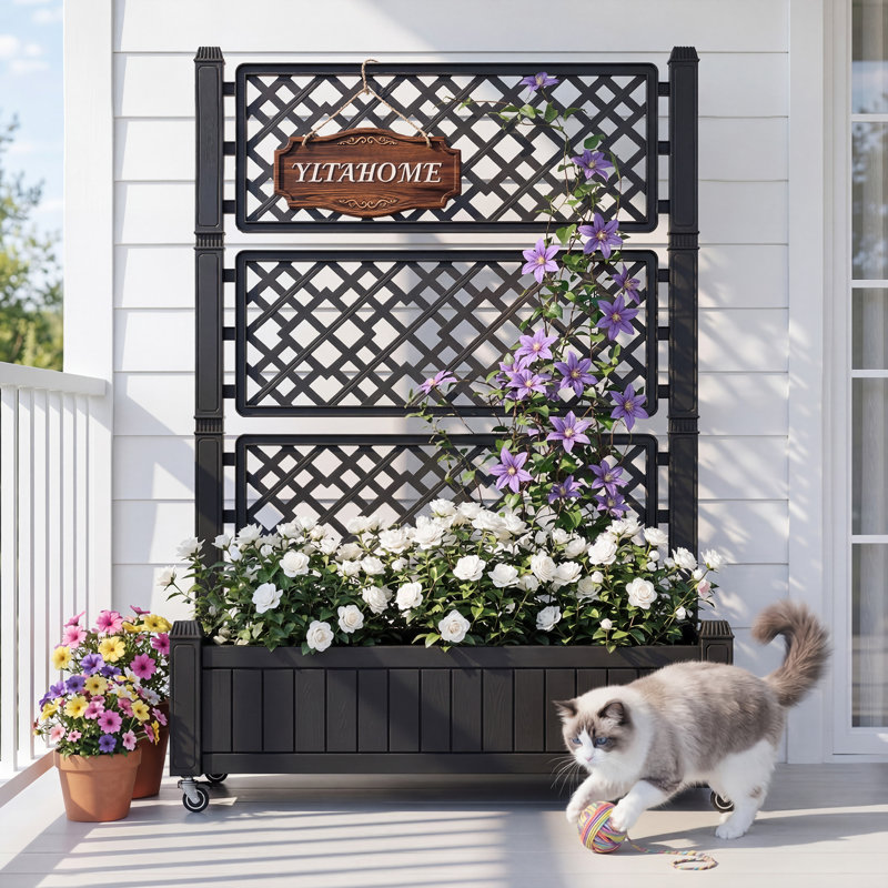 Resin Raised Garden Bed with Trellis, Black