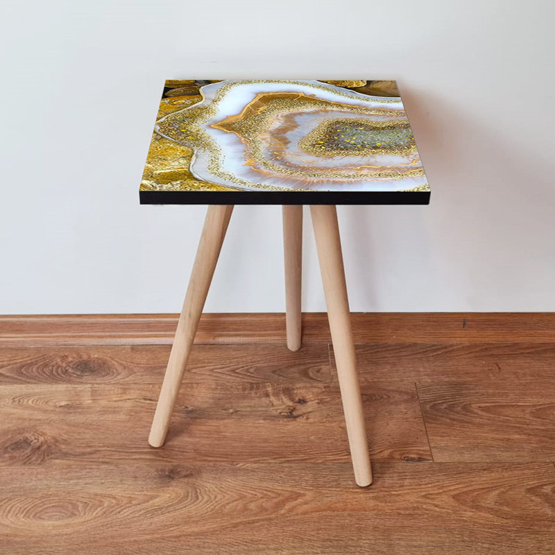 Abstract Marble Side Table, 100% MDF with Beech Wood Legs, 13.8 x 16.5 x 13.8 inches | Durable & Stylish Design | Perfect for Living Room, Bedroom, or Office | Modern Accent Furniture