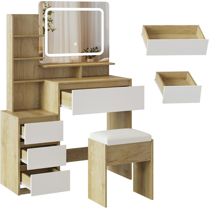 Bureau de coiffeuse moderne avec miroir et lumières DEL réglables, 4 tiroirs, tablettes de rangement, prise de courant, ports USB