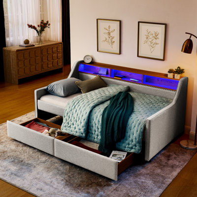 Lit simple tapissier avec lumières à DEL, chargement sans fil, 2 tiroirs de rangement, tête de lit en lin beige avec 3 rangements, réglable