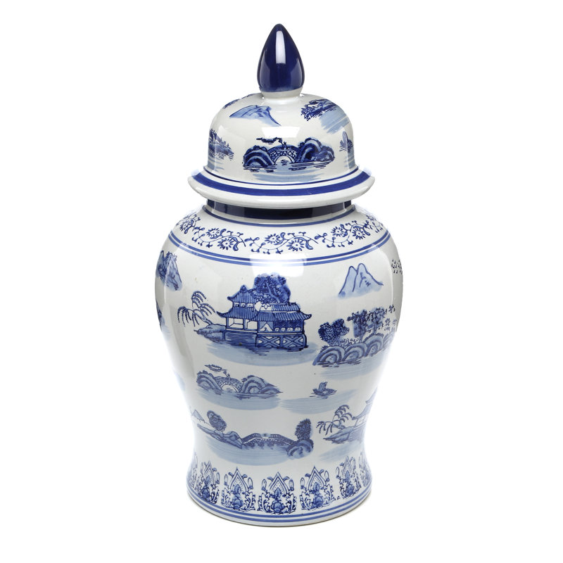 Pot de temple chinois intemporel, Paysage bleu, 18"