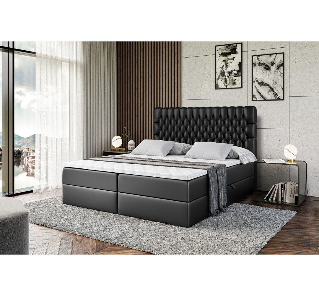 Boxspringbett Cylin in Kunstlederoptik mit H4 Multipocket-Matratze, Bettkasten und Topper