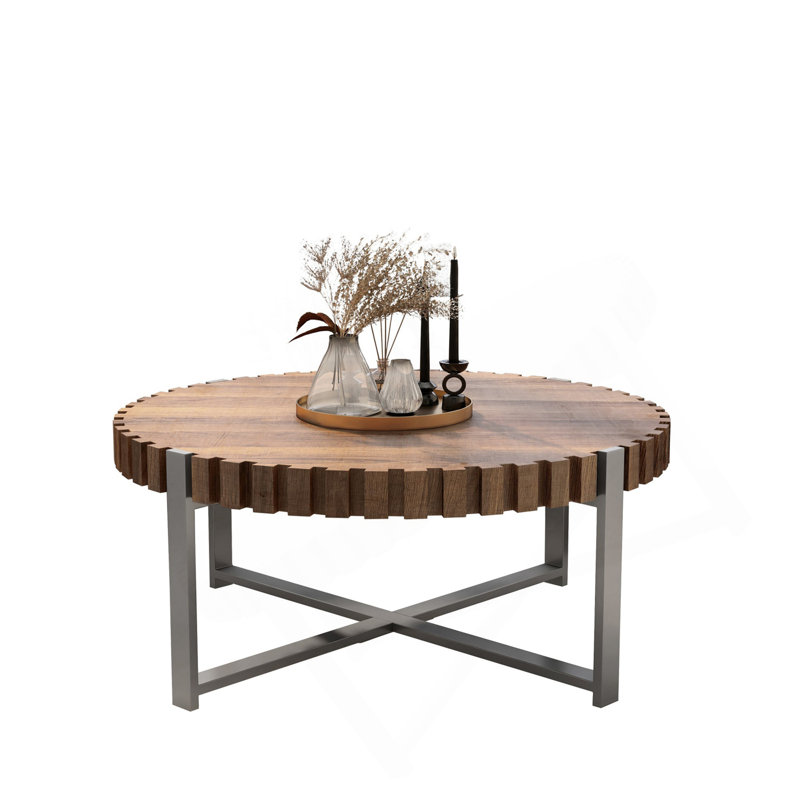 Table basse de salon de 31,4 pouces, table basse moderne en grain de bois naturel faite à la main en forme de tambour, table basse en bois F Smith, table basse à base robuste