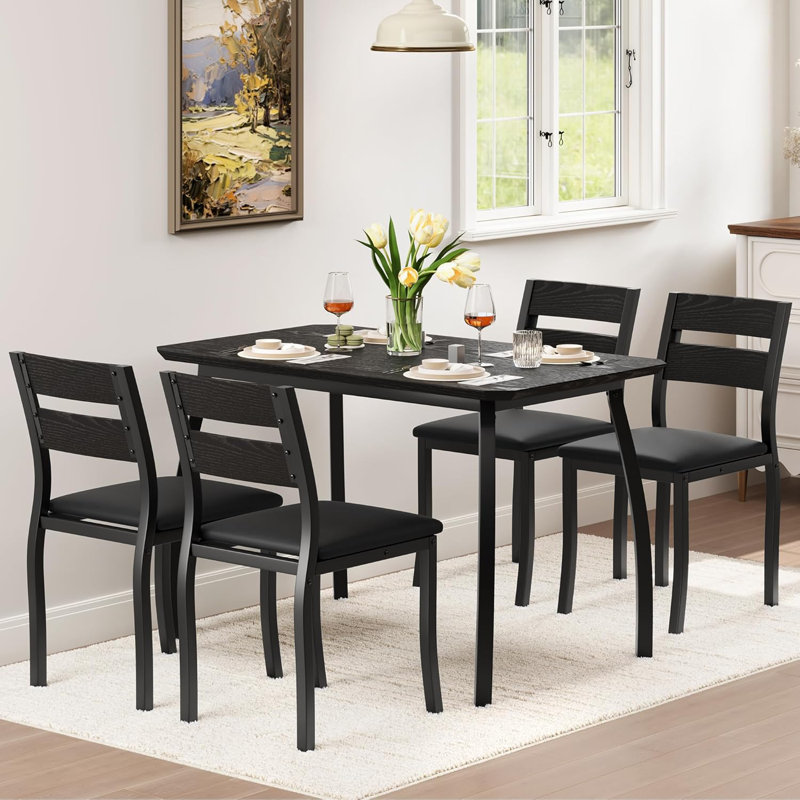 5-Piece Dining Set, Dining Table Set for 4, Table & Chair Set for Home, Apartment w/ 4 Chairs, Padded Seats & Backrests, Metal Frame, Space-Saving Design, Smooth Easy-to-Clean Surface