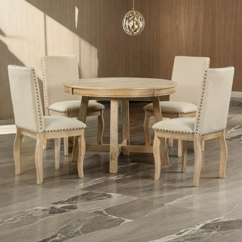Ensemble de salle à manger extensible, Bois naturel délavé, Bois naturel délavé / beige, Bois naturel délavé