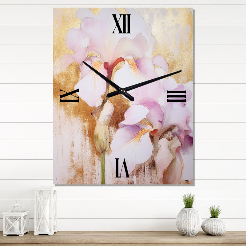 Pétales d'iris rose et or - Horloges murales très florales, Très grand