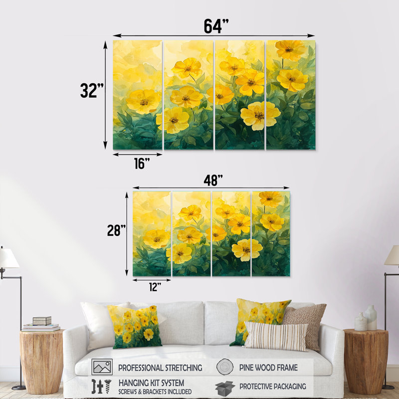 Été Zinnias pétales ensoleillés I - art mural Zinnias - ensemble de 4 décorations murales traditionnelles, H 28 po x l 48 po