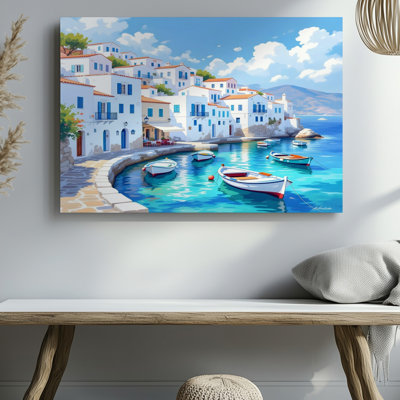 Art méditerranéen de bord de mer, bateaux de mer, ciel bleu, impression d'art mural sur toile pour le salon, la chambre à coucher, le bureau, le couloir, le vestibule, le mur de la galerie et la décoration moderne