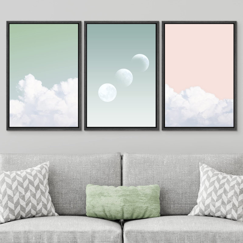 " Phases Of The Moon In Pastel Clouds Nature Photography Modern Art Rustic Scenic Colourful " 3 - Pieces, Blanc