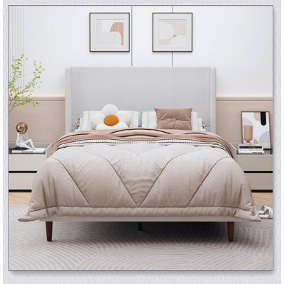 High Back Soft Bed Queen Size, 12-Slat Support, High Quality Chenille Cloth, Easy to Assemble, Beige