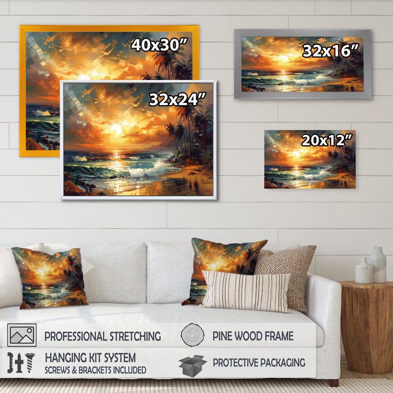 Orange et vert Shimmering Shores I - Beach Wall Art Living Room, H 12 po x l 20 po, Impression noire sur toile encadrée