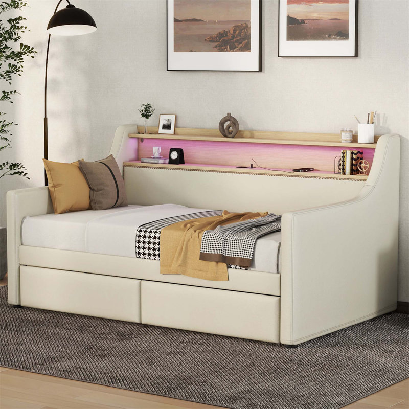 Ibraham Daybed With Storage Drawers, Upholstered Daybed With Charging Station And LED Lights