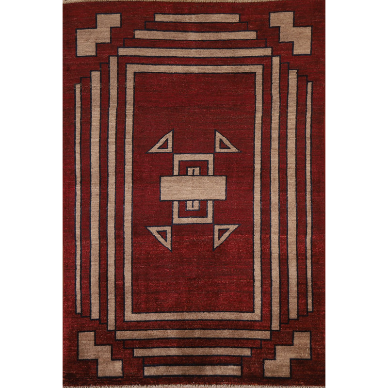 Tapis rouge en laine noué à la main de conception unique 3 pi 10 po x 5 pi 7 po New Age