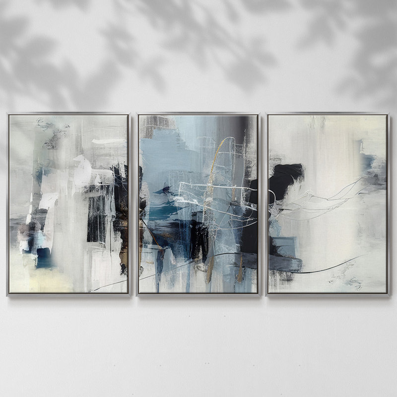 Winter Abstraction II, 3 pièces, H 24 po x l 48 po x P 2 po, Encadrement argenté