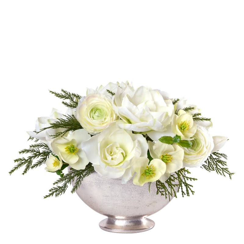 Amaryllis, Ranunculus and Hellebore Bouquet in Oval Silver Bowl