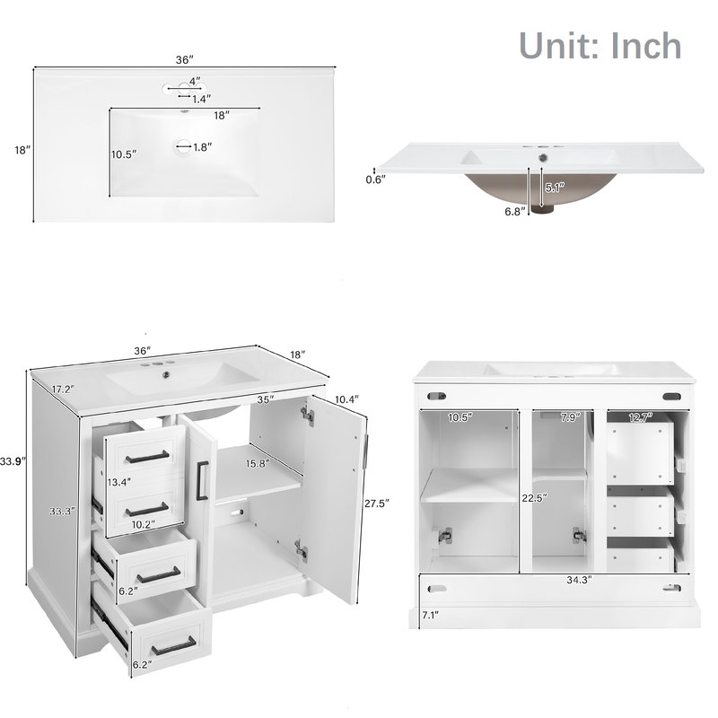 36" Freestanding Bathroom Vanities with Single Sink, White / Black