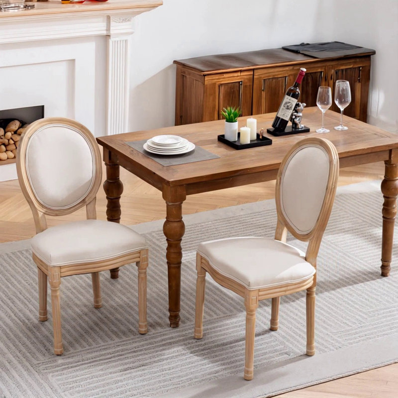 Chaise de salle à manger avec cadre en bois massif de style français, Lin beige
