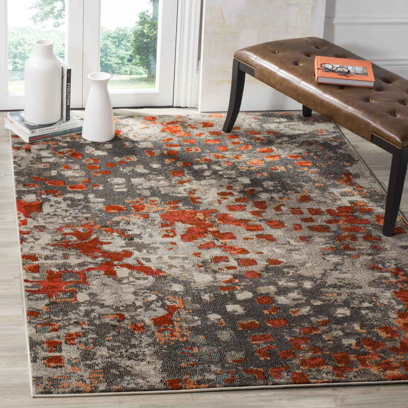 Tapis abstrait Hertzler, Rectangle 11 pi x 15 pi, Gris / Orange