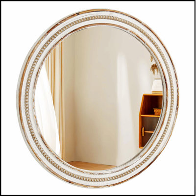 Miroir décoratif rond en bois 23,62 pouces, style maison de campagne rustique avec perles pour la maison et le bureau