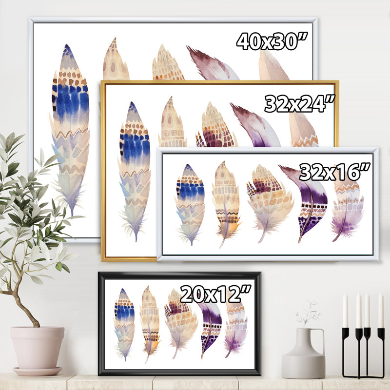 Plumes d'ethnie bohémienne mauve - peinture sur toile, Cadre noir, H 30 po x l 40 po x 1,5 po