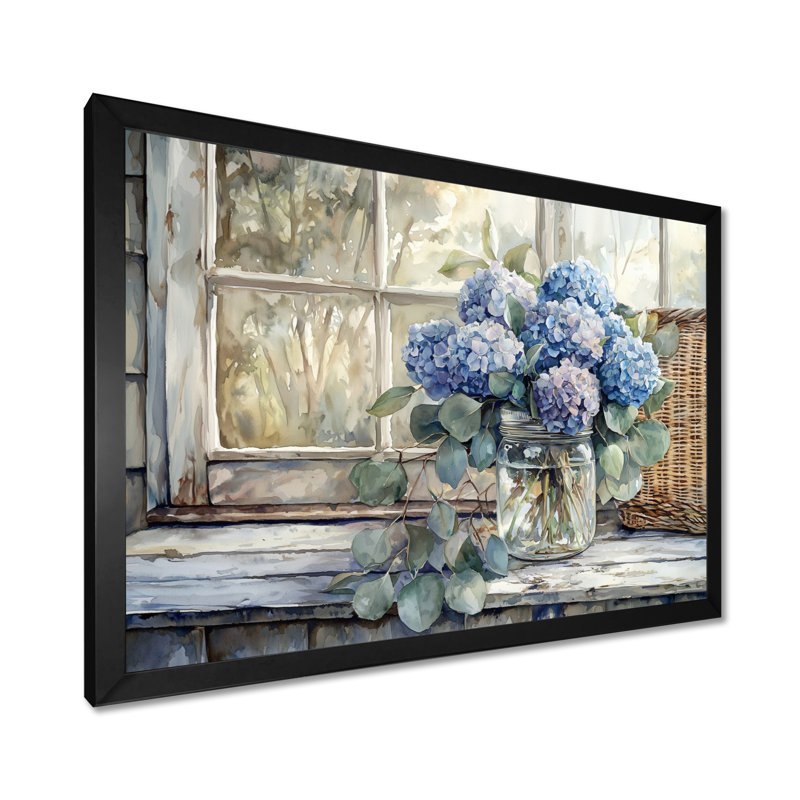 Art mural sur toile, "Hortensias et eucalyptus I" de Dorcy, Reproduction encadrée d'une seule photo, H 30 po x l 40 po
