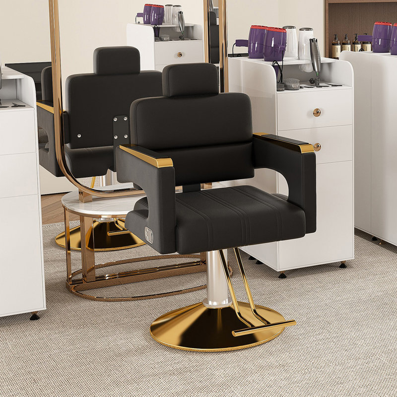 Professional Hydraulic Barber Chair - 360° Swivel With Adjustable Height, Stainless Steel Armrests & Reclining Backrest For Salon & Barber Shop(Black + Gold)
