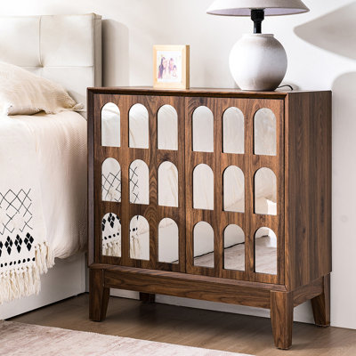Buffet à deux portes avec accents et miroir Seadrift foncé, noyer, profondeur de 28,69 po, largeur de 15,75 po, plateau de table spacieux, 4 pieds de rangement en bois massif, décorations, intérieur