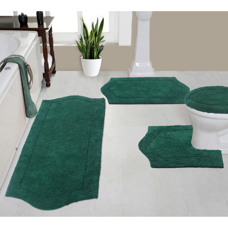 Waterford 4 Piece Bath Mat Set with Lid Cover, Quick Dry, Machine Washable Rugs, Absorbent, Bottle Green