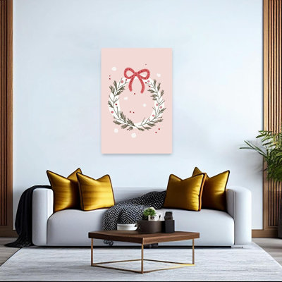 Pink Holiday Wreath Contemporary Nature Winter Wall Art Print by Mathieu - Wrapped Canvas Print