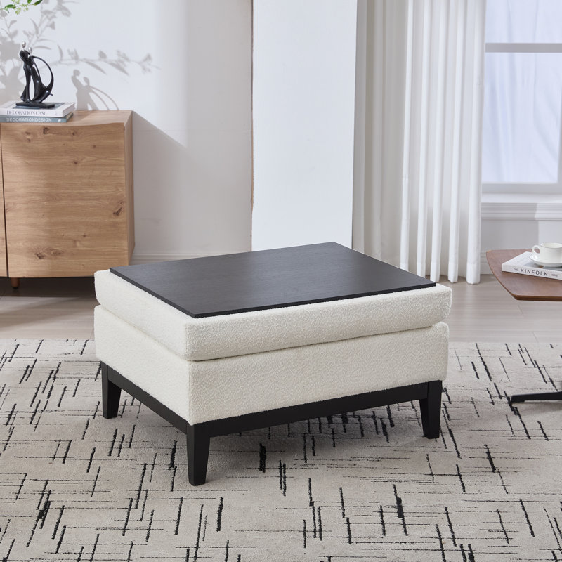 Repose-pieds rembourré avec table réversible et pieds en bois 33,86 "Plum, Tissu ivoire / cadre noir