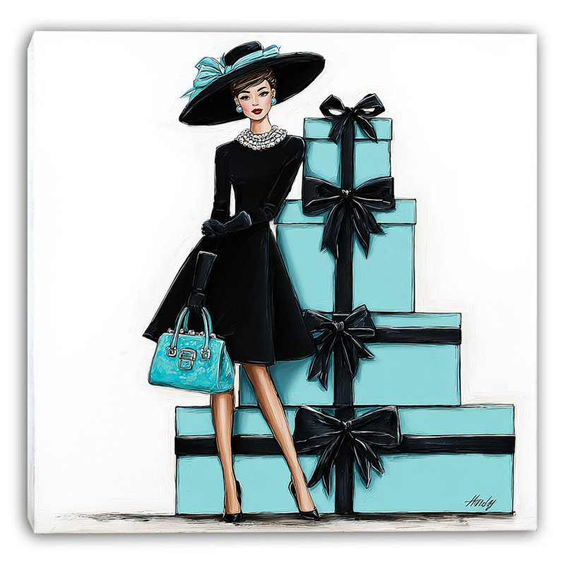 «Elegant Woman with Blue Gift boxes», art mural sur toile tendue, H 20 po x l 20 po