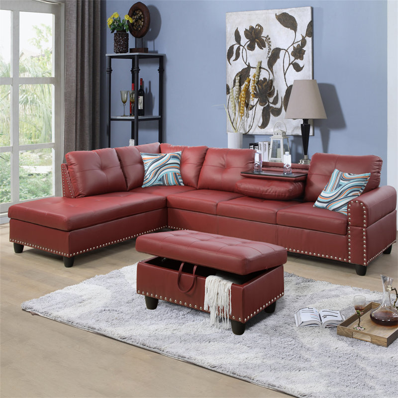 Canapé modulaire avec repose-pieds Plyler, Orienté à gauche (vu de face), Similicuir rouge