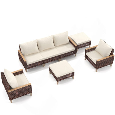 Ensemble de meubles de terrasse en rotin évidé à pieds hauts, 5 pièces, 7 sièges, ensemble de canapé avec coussin, coussin épais de 4 pouces, blanc