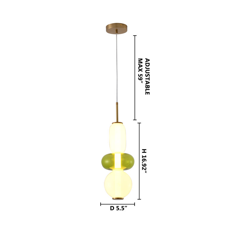 This Exquisite LED Pendant Is In A Gold Finish. The Frame Is Made Out Of Metal, And It Comes With A White And Green Glass Shade. The LED Bulb Is Integrated Into The Frame. The Adjustable Cord Link Makes This Fixture Suitable For Most Ceiling Heights.