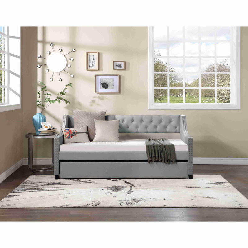Upholstered Daybed With Trundle,Sturdy Wood Bedframe With Bedframe Tufted Button & Copper Nail On Arms Design,Perfect For Bedroom,Guest Room Furniture,No Box Spring Needed