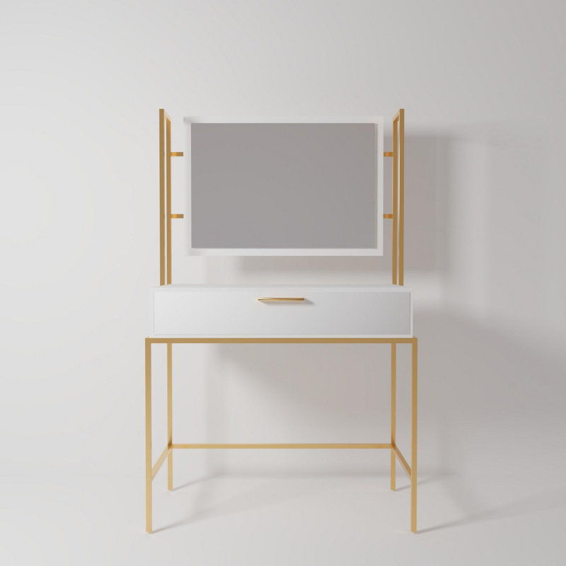 Table de maquillage élégante avec pieds en métal thermolaqué électrostatique, blanc et or | 47,2 po x 63,0 po x 15,7 po | Panneau de particules 100% enduit de mélamine, conception durable et élégante pour les espaces de coiffeuse modernes, assemblage facile
