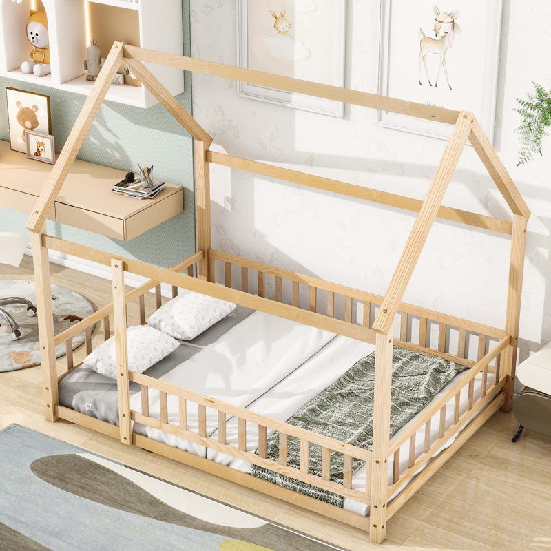 Ashton Floor Wooden Bed With House Roof Frame, Fence Guardrails, Natural, Full