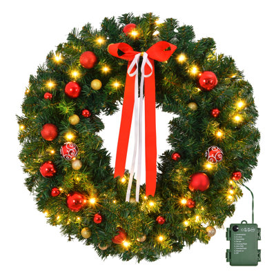 36In Pre-Lit Christmas Artificial Wreath With 80 Warm Lights And Ornaments