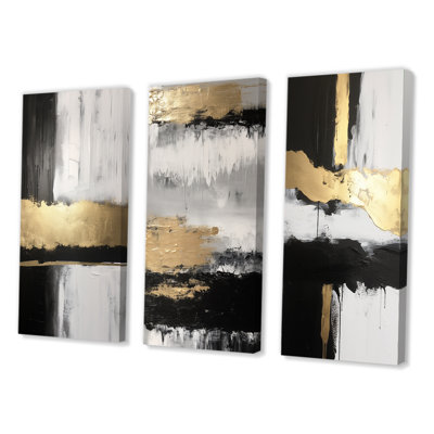 Horizontal Gold Black Dimensions Wall Art, 3-Piece Canvas Set - Horizontal Dimensions Abstract Gold Black III
