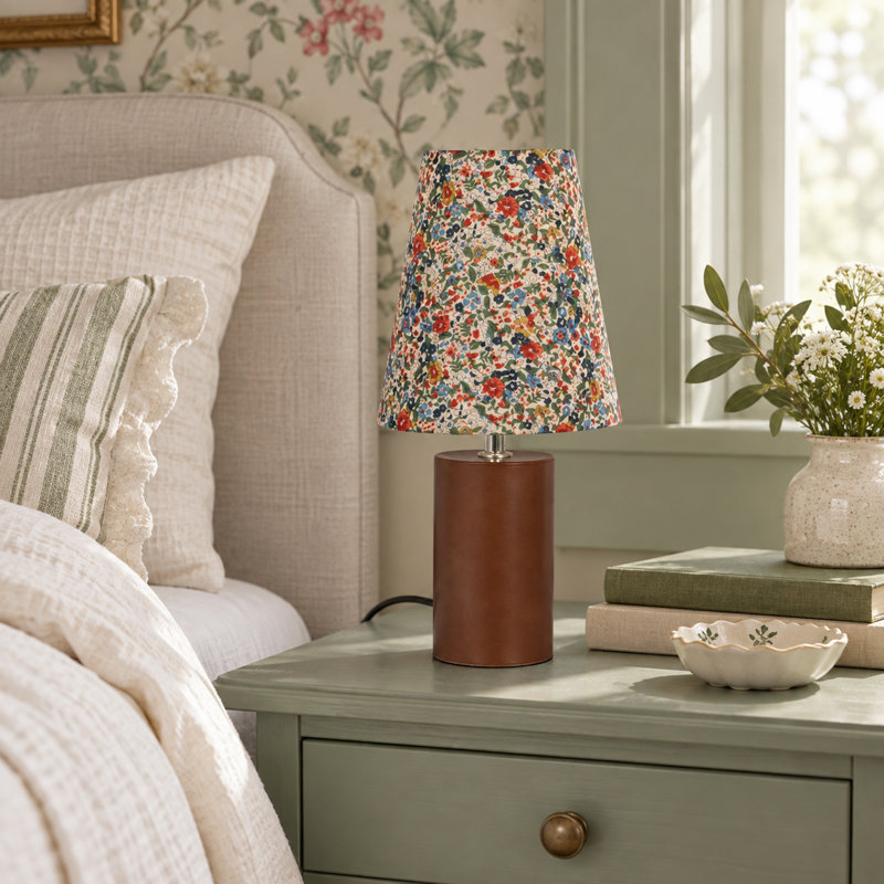 Lampe de table en noyer avec abat-jour en tissu à motif floral, petite lampe de chevet de 33 cm pour chambre, table de chevet et salon