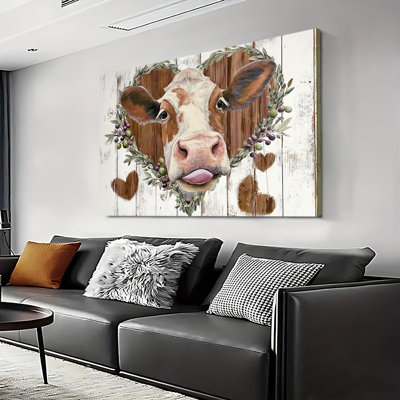 Vintage Cow Farm Animal Artwork, Large Gallery Wrapped Canvas Wall Art Print for Living Room & Bedroom